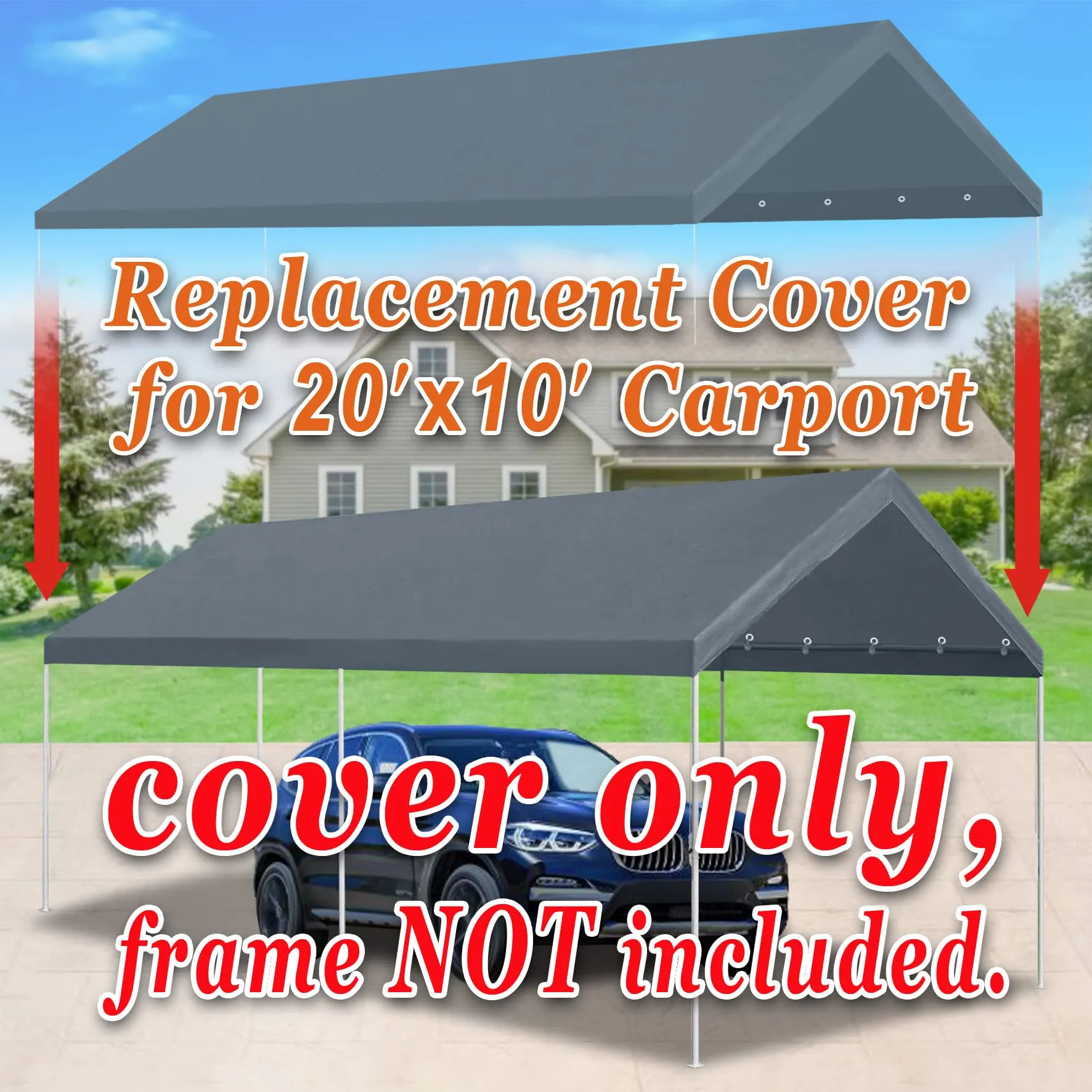 10' x 20' Upgraded Carport Canopy Top Replacement Cover for Car Garage Shelter Tent Party Tent with Ball Bungees 180g Heavy Duty Tarp (Only Cover, Frame is not Includ) (Grey, 10 x 20 ft)