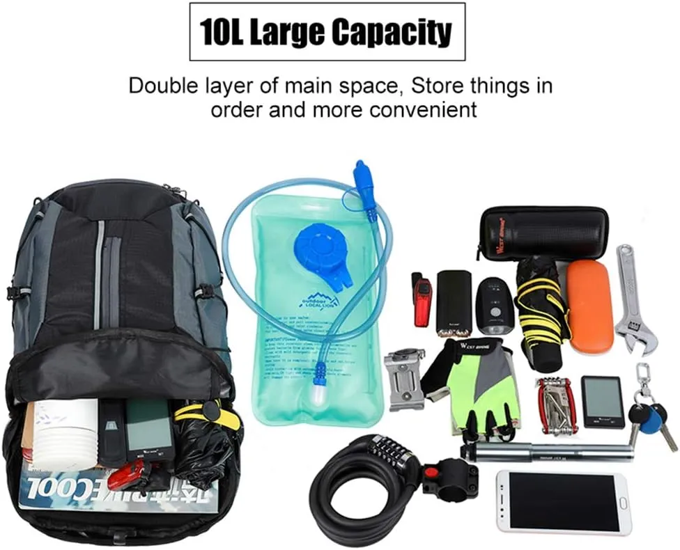 10L Reflective Cycling Backpack - Waterproof Ultralight Hiking Daypack with Hydration Bladder for Cycling Hiking Snow Sports