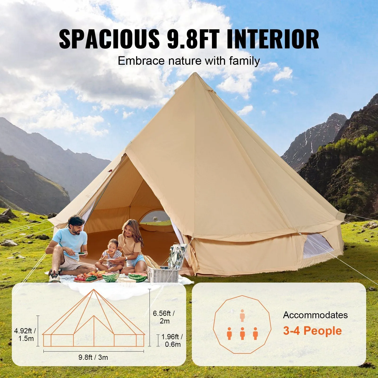 10'x Waterproof Wall Yurt Stove Detachable Jack Premium customer care Person 3M) Tent, with for Bell Buy-one-get-one 3-5 Glamping and Breathable Camping, Tent Side VEVOR Canvas Family 10'x98"(Diameter