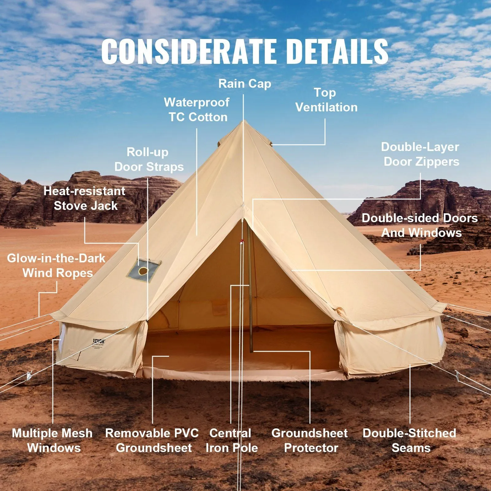 10'x Waterproof Wall Yurt Stove Detachable Jack Premium customer care Person 3M) Tent, with for Bell Buy-one-get-one 3-5 Glamping and Breathable Camping, Tent Side VEVOR Canvas Family 10'x98"(Diameter