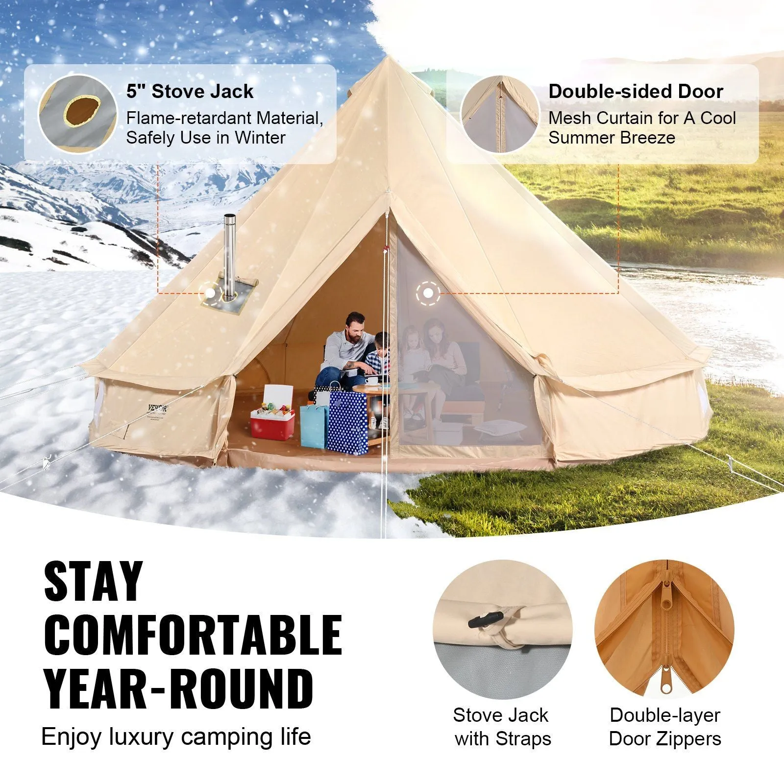 10'x Waterproof Wall Yurt Stove Detachable Jack Premium customer care Person 3M) Tent, with for Bell Buy-one-get-one 3-5 Glamping and Breathable Camping, Tent Side VEVOR Canvas Family 10'x98"(Diameter