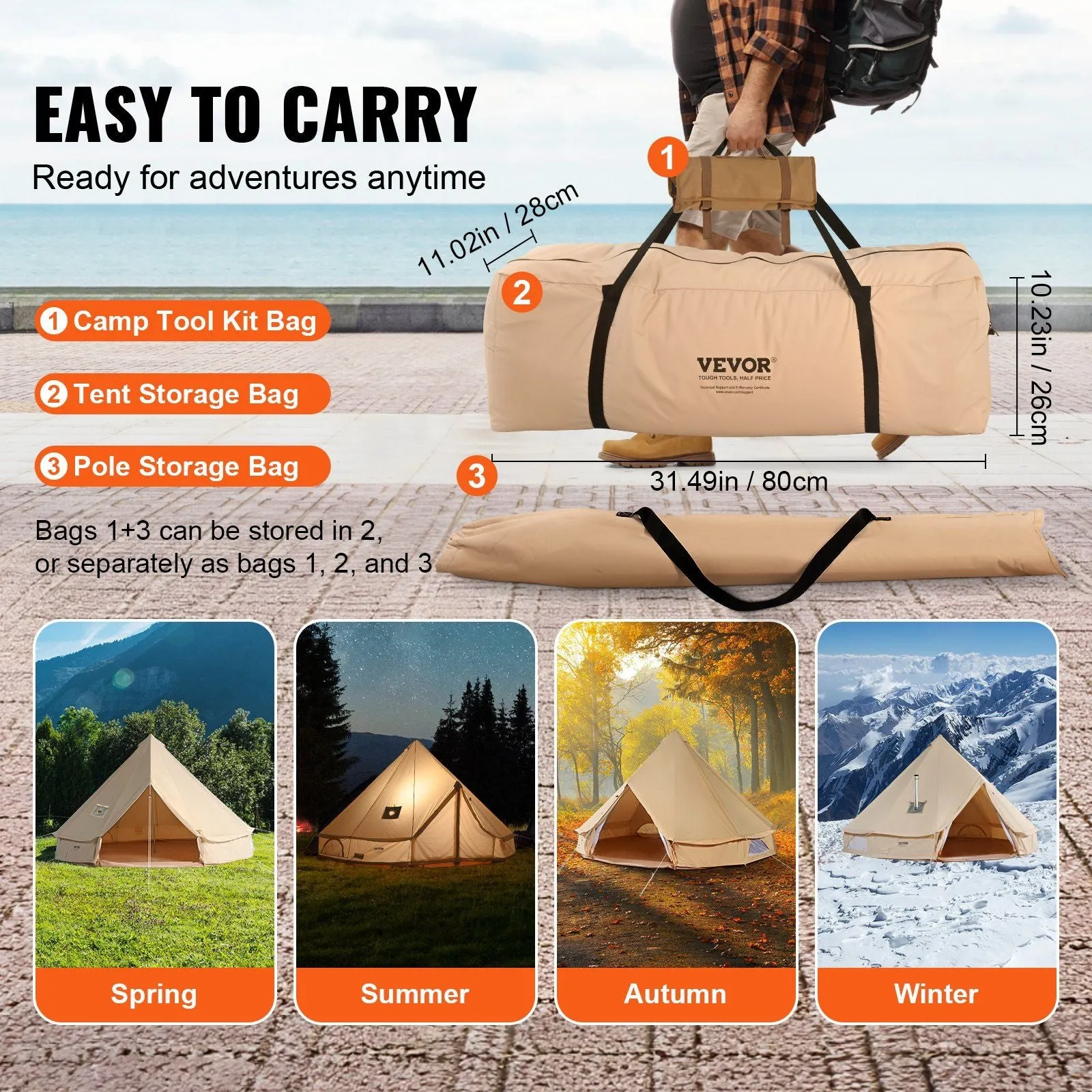 10'x Waterproof Wall Yurt Stove Detachable Jack Premium customer care Person 3M) Tent, with for Bell Buy-one-get-one 3-5 Glamping and Breathable Camping, Tent Side VEVOR Canvas Family 10'x98"(Diameter