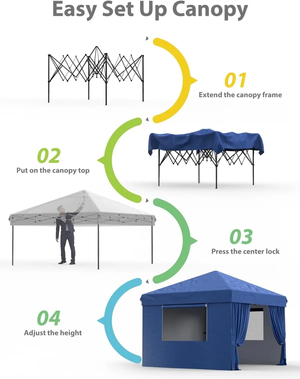 10'x10' Pop Up Canopy Tent with 4Pcs Sidewalls, Portable Instant Commercial Canopy with 4 Stakes, 4 Ropes, 4 Sandbags for Farmers' Market, Patio, Outdoor, Camping, Blue