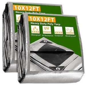 10x12 Ft 2 Pack Waterproof Poly Tarp Heavy Duty Haystack Cover 10-mil Tarpaulin