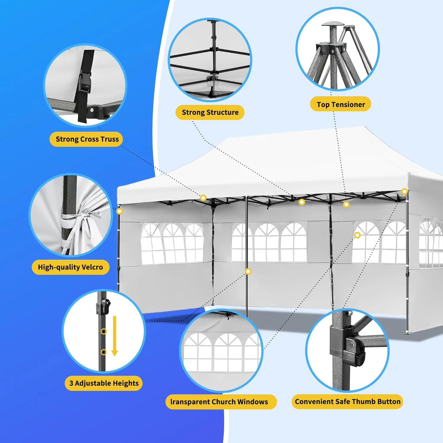 10x20 FT Pop Up Canopy Tents for Parties W/Wheeled Bag,Outdoor Waterproof Wedding Patio Gazebo W/6 Removable Sidewalls,Large Event Shelters W/Sandbags&Adjustable Height,for Party,Wedding,Blue