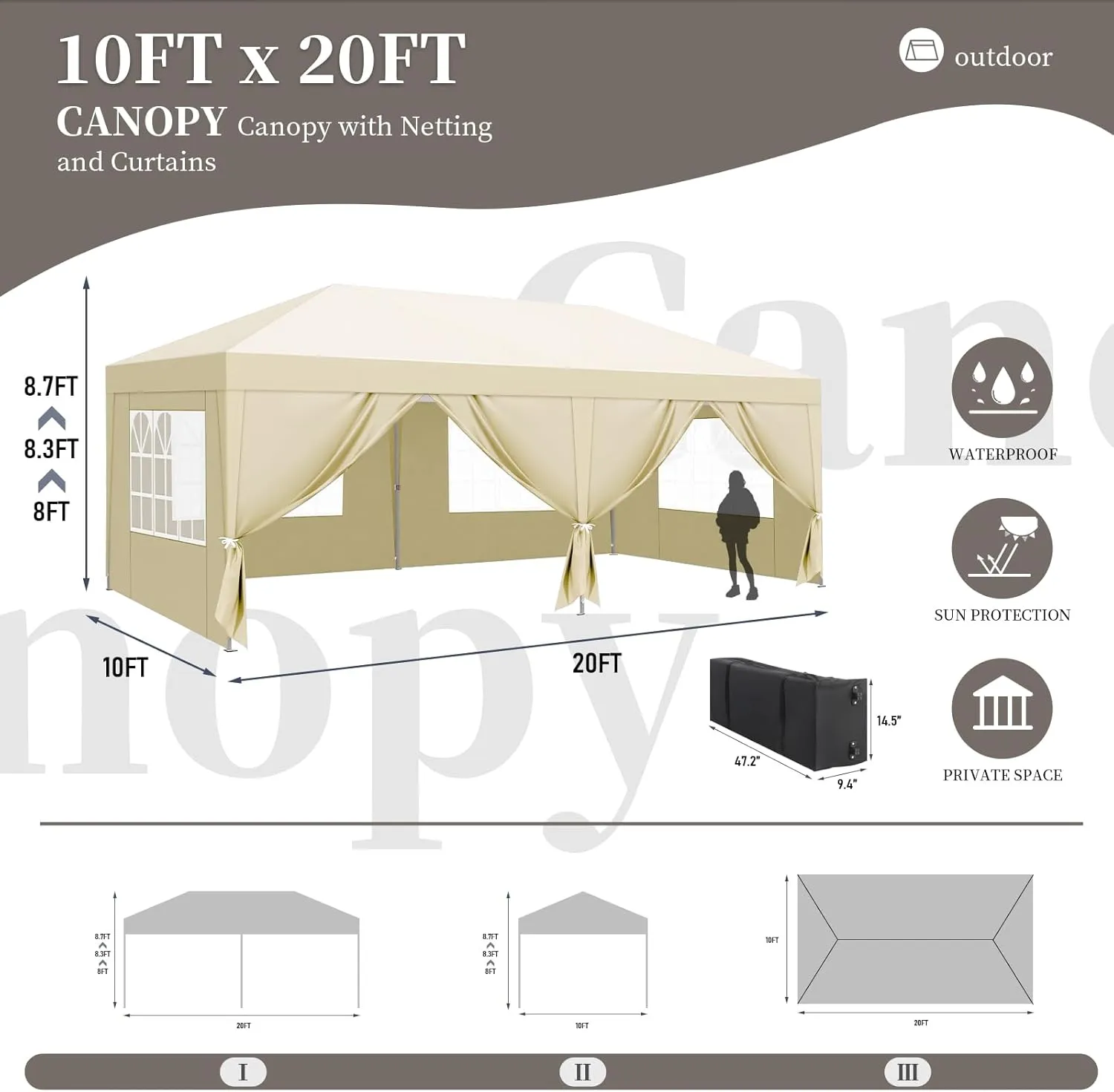 10x20 Pop Up Canopy with 6 Removable Sidewalls,Portable Instant Commercial Canopy,Beach Sun Shelter Waterproof Outdoor Tent with 6 pcs Weight Bag,Carry Bag, Champagne Cream