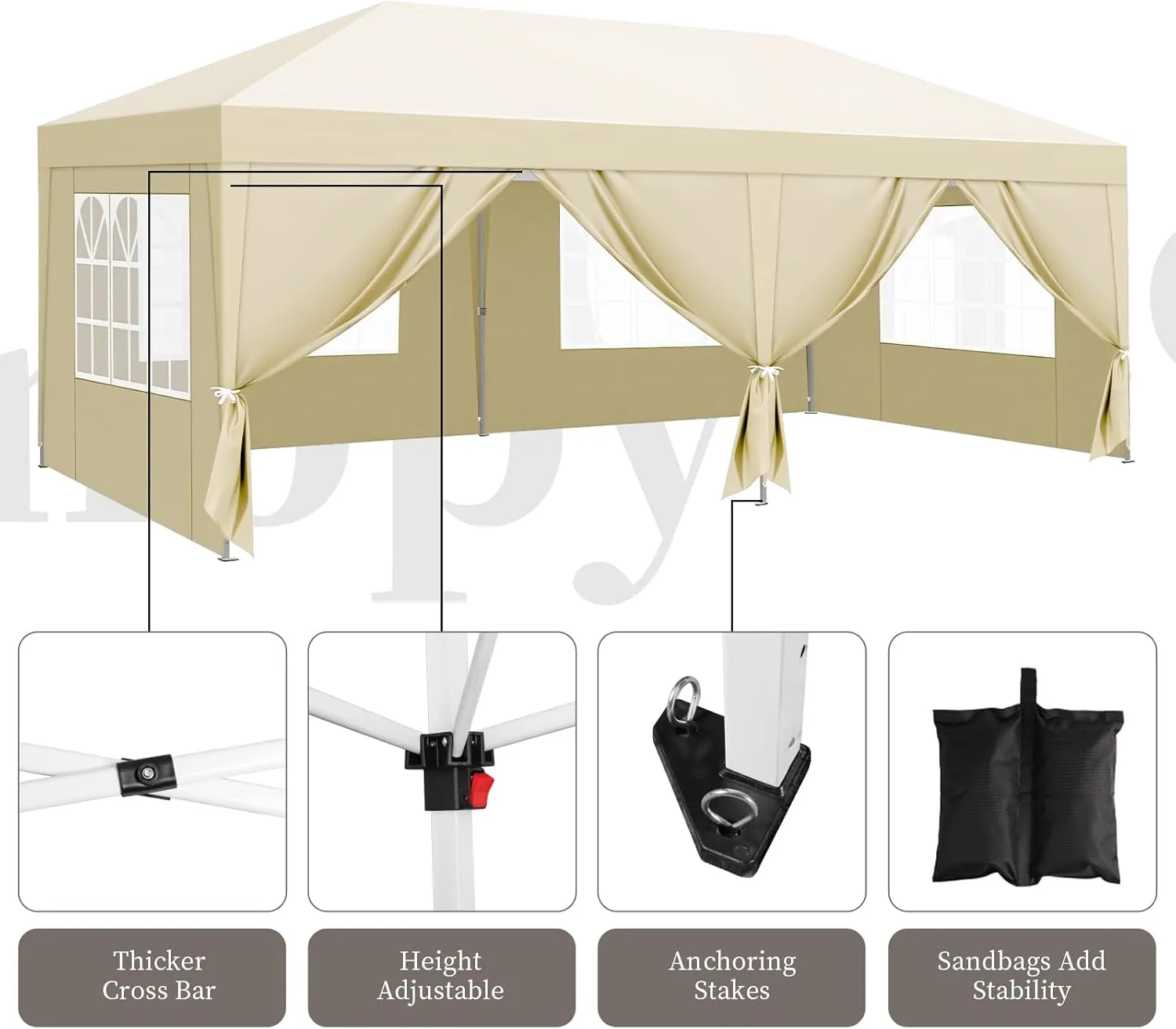 10x20 Pop Up Canopy with 6 Removable Sidewalls,Portable Instant Commercial Canopy,Beach Sun Shelter Waterproof Outdoor Tent with 6 pcs Weight Bag,Carry Bag, Champagne Cream
