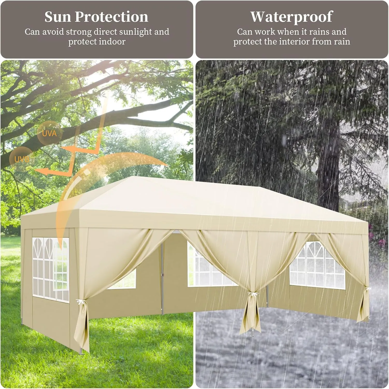 10x20 Pop Up Canopy with 6 Removable Sidewalls,Portable Instant Commercial Canopy,Beach Sun Shelter Waterproof Outdoor Tent with 6 pcs Weight Bag,Carry Bag, Champagne Cream