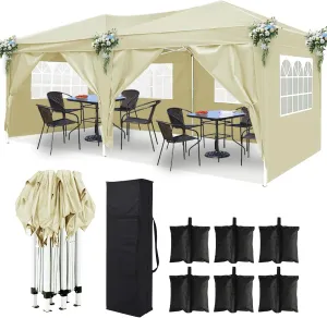 10x20 Pop Up Canopy with 6 Removable Sidewalls,Portable Instant Commercial Canopy,Beach Sun Shelter Waterproof Outdoor Tent with 6 pcs Weight Bag,Carry Bag, Champagne Cream