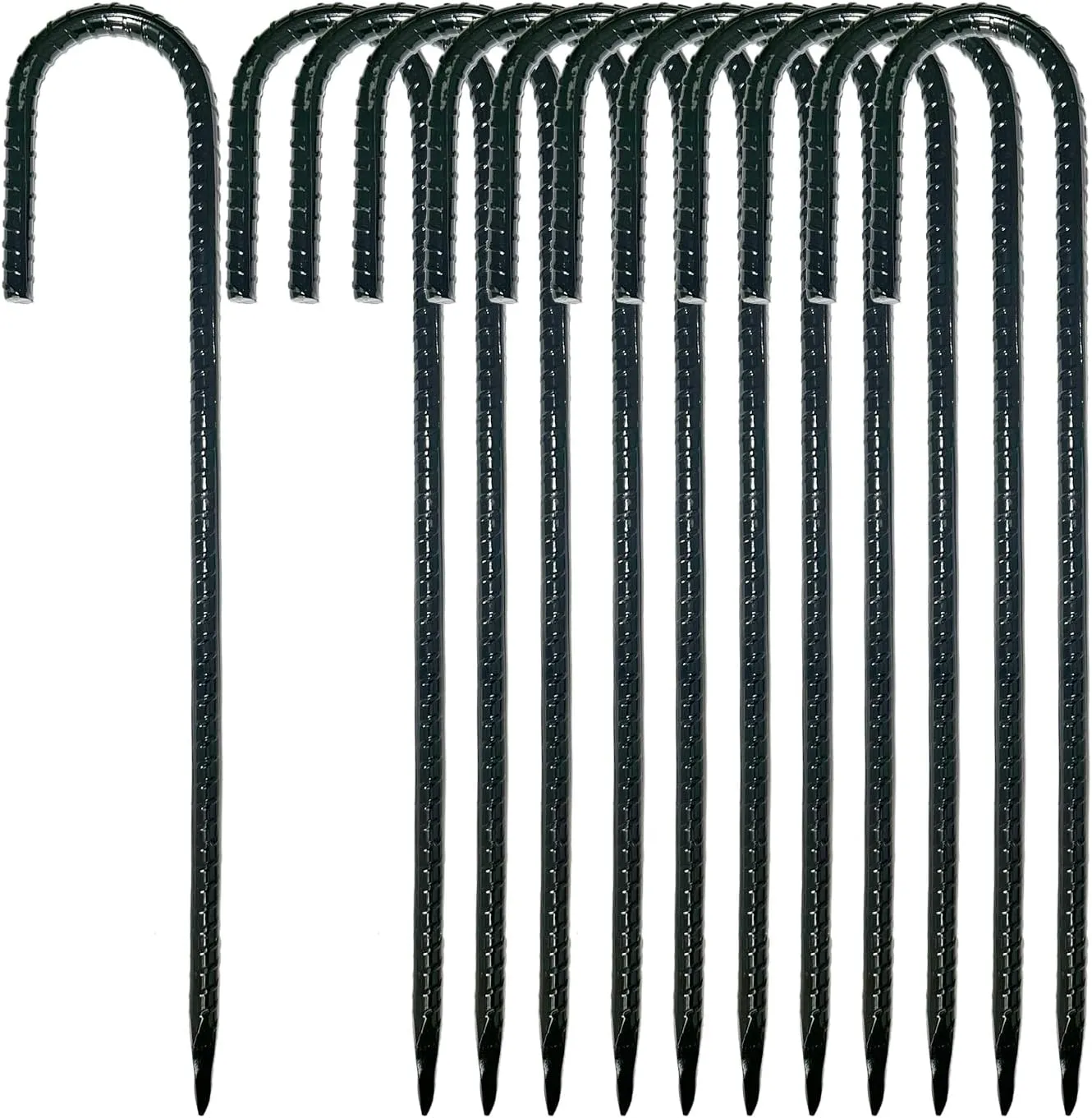 12 Inch Ground Rebar Stakes, J Hook Extra Heavy Duty Rust Proof Coated Steel Ground Anchors with Chisel Point End for Camping Tent and Canopy Tent (12)