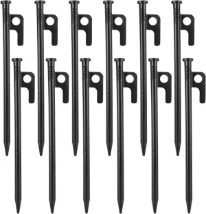 12 Pack Tent Stakes Heavy Duty, Multiuse Forged Steel Tent Pegs, 8 inch Metal Camping Ground Stakes, Unbreakable and Inflexible, Available in Rocky Place Dessert Snowfield and Grassland (Black)