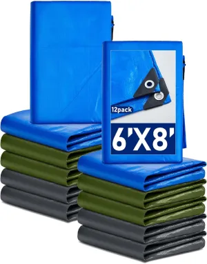 12 Pcs Large Waterproof Tarp 6 x 8 ft Heavy Duty 5.5 Mil Thick Poly Tarpaulin with Grommets Multipurpose Protective Cover for Summer Home Boats Cars Camping Rv Pool Tent