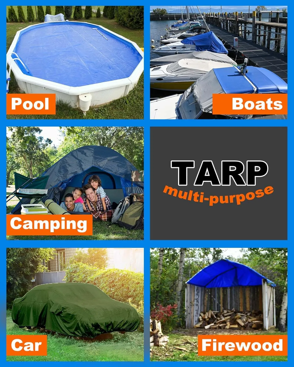 12 Pcs Large Waterproof Tarp 6 x 8 ft Heavy Duty 5.5 Mil Thick Poly Tarpaulin with Grommets Multipurpose Protective Cover for Summer Home Boats Cars Camping Rv Pool Tent
