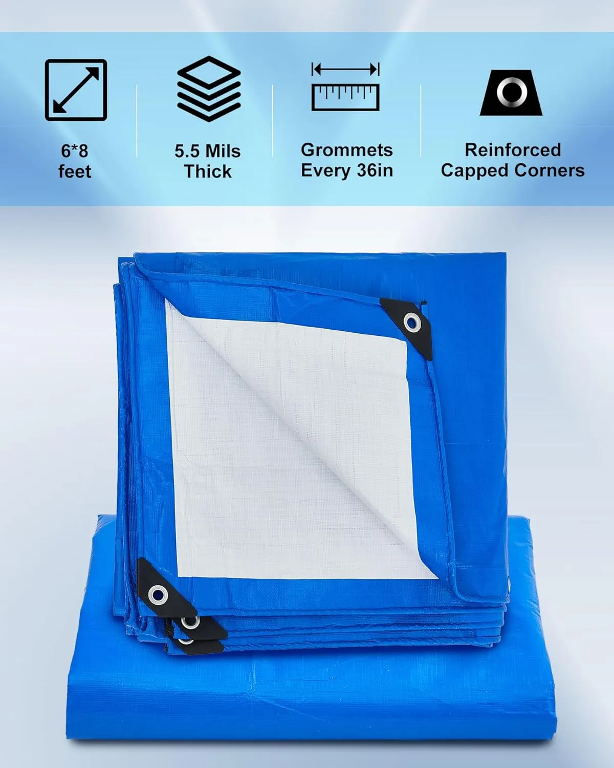 12 Pcs Large Waterproof Tarp 6 x 8 ft Heavy Duty 5.5 Mil Thick Poly Tarpaulin with Grommets Multipurpose Protective Cover for Summer Home Boats Cars Camping Rv Pool Tent