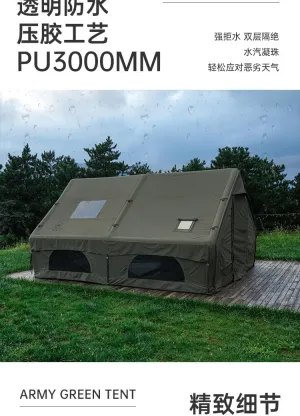 12 Sqm Outdoor Camping Military Style Inflatable Tent Rainproof UV Protection, one Living Room&one Bed Room, Cotton Cloth, Size 3 * 4 * 2.1m, for3-4 People