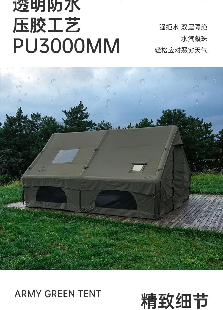 12 Sqm Outdoor Camping Military Style Inflatable Tent Rainproof UV Protection, one Living Room&one Bed Room, Cotton Cloth, Size 3 * 4 * 2.1m, for3-4 People