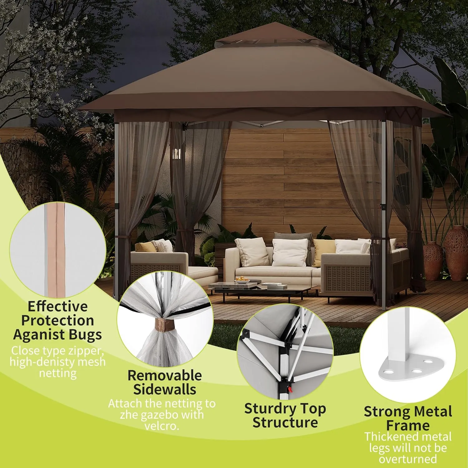 12x12 Canopy Tent, Pop Up Gazebo Tent with Mosquito Netting, Outdoor Canopy Tent with 4 Sandbags & Wheeled Bag & Height Adjustable, Pop Up Canopy for Patio Garden Backyard Lawn Deck