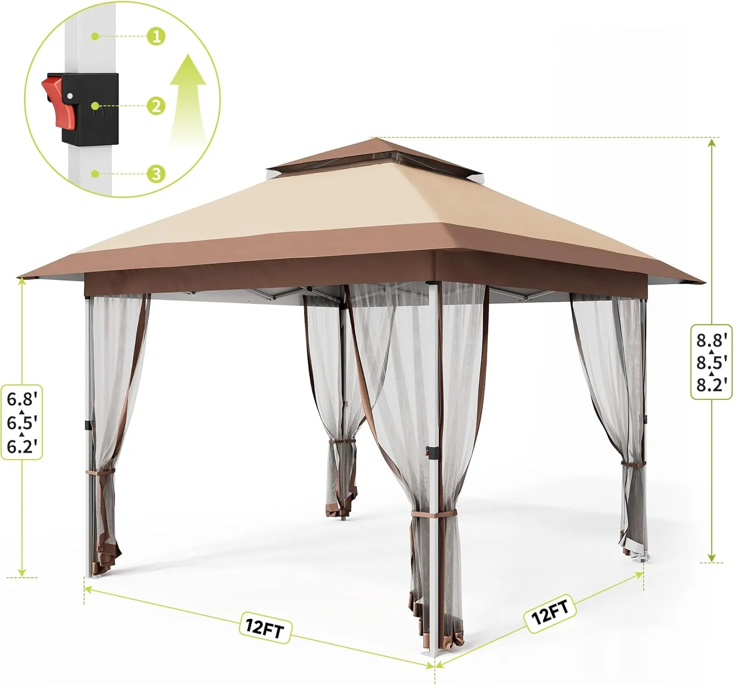 12x12 Canopy Tent, Pop Up Gazebo Tent with Mosquito Netting, Outdoor Canopy Tent with 4 Sandbags & Wheeled Bag & Height Adjustable, Pop Up Canopy for Patio Garden Backyard Lawn Deck