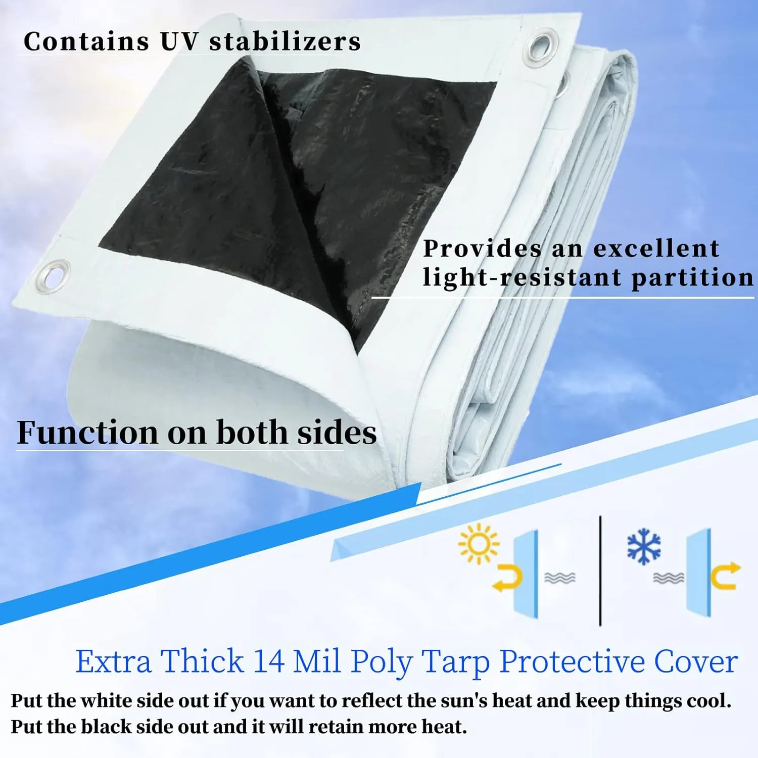 14Mil White/Black Heavy Duty Waterproof, 6.5x10 Ft UV Resistant Tarps with Grommets, Reversible Multipurpose Outdoor Protective Tarp Cover for Camping, Patio, RV, Pet Hutch Roof or Kennel