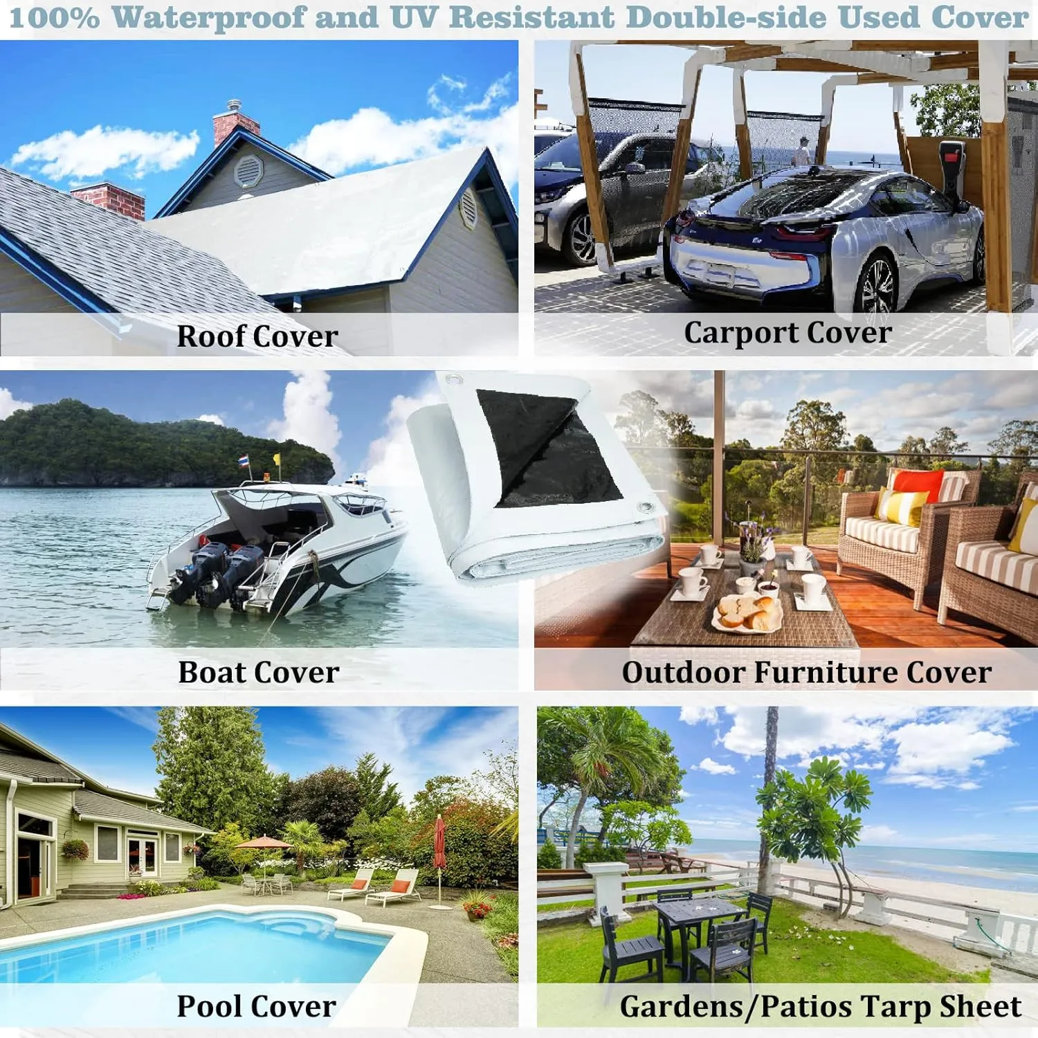 14Mil White/Black Heavy Duty Waterproof, 6.5x10 Ft UV Resistant Tarps with Grommets, Reversible Multipurpose Outdoor Protective Tarp Cover for Camping, Patio, RV, Pet Hutch Roof or Kennel