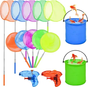 14Pack Kids Telescopic Butterfly Nets Foldable Buckets and Kids Water Gun Set Colorful Fishing Bugs Nets Outdoor Tools for Kids Catching Insect Net Extendable Anti Slip Grip Fishing Nets