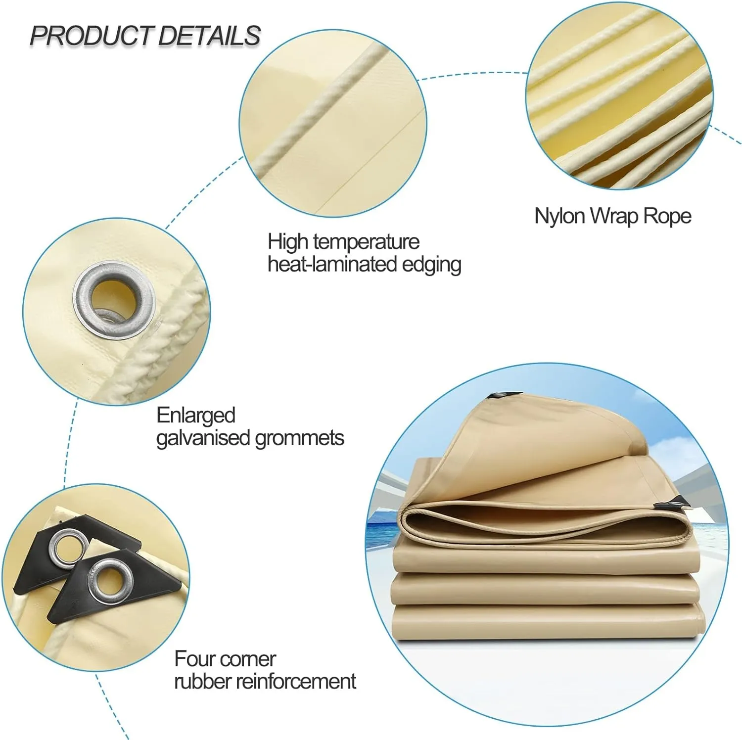 1.5mx6m/2mx2m/2mx3m/2mx4m/3mx6m Beige Heavy Duty Tarpaulin Cover 500g/㎡ PVC Waterproof Tarpaulins Sheet for Rain Shelter, Camping, Outdoor and Pool Tarp Cover, with Metal Grommets(1.5x2m)