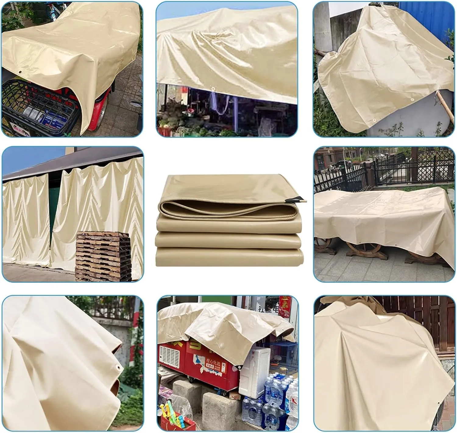 1.5mx6m/2mx2m/2mx3m/2mx4m/3mx6m Beige Heavy Duty Tarpaulin Cover 500g/㎡ PVC Waterproof Tarpaulins Sheet for Rain Shelter, Camping, Outdoor and Pool Tarp Cover, with Metal Grommets(1.5x2m)