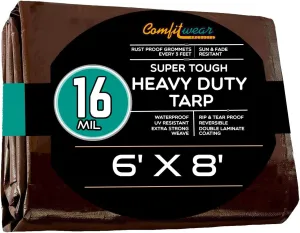 16 MIL Heavy Duty Tarp Super Heavy Duty Tarp Cover 16 MIL Multi-Purpose Extra Heavy Duty Tarps Car Tarp Boat Tarp Camping Tarp General Purpose Waterproof Tarp Cover (6' X 8', Brown)