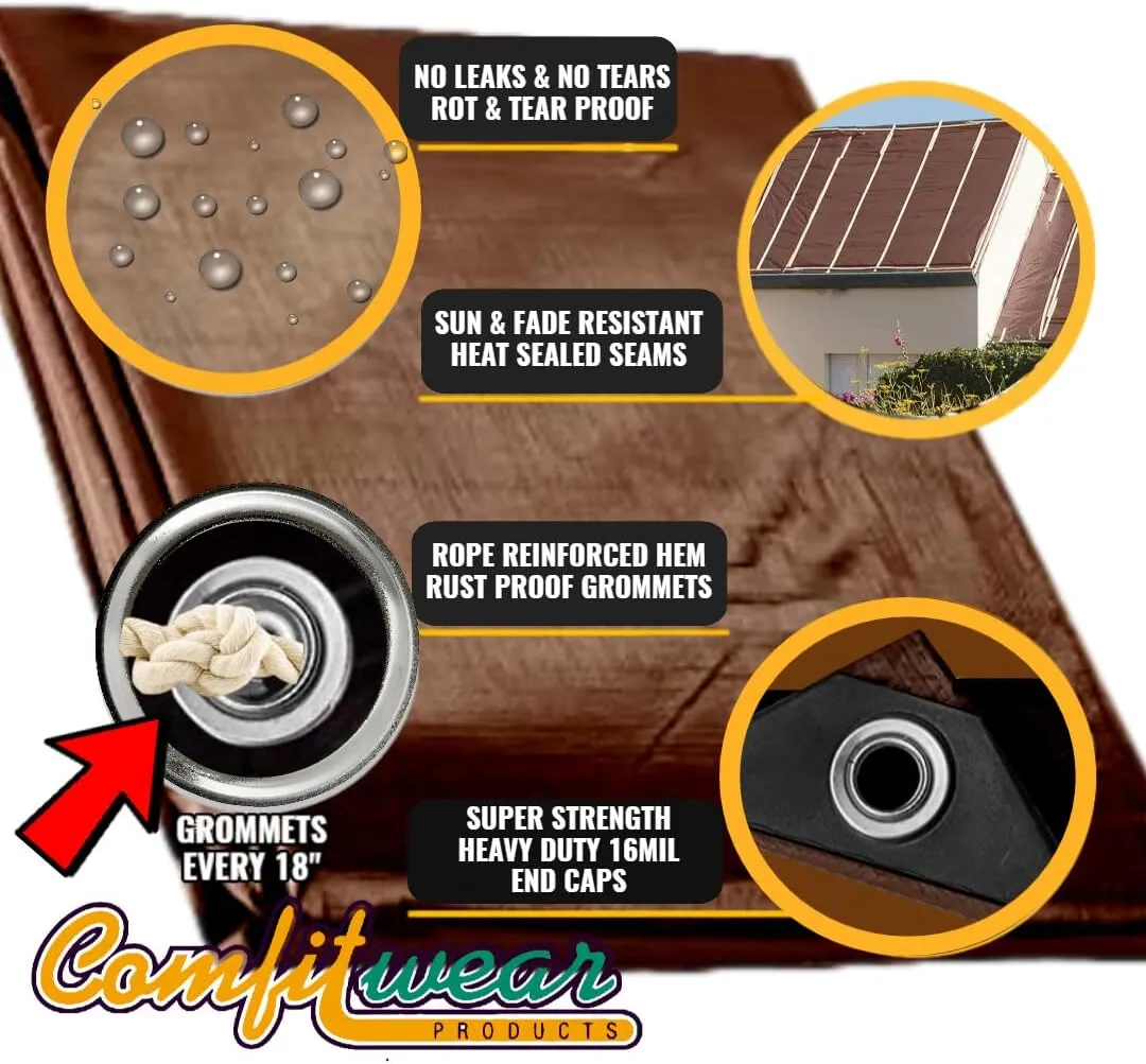 16 MIL Heavy Duty Tarp Super Heavy Duty Tarp Cover 16 MIL Multi-Purpose Extra Heavy Duty Tarps Car Tarp Boat Tarp Camping Tarp General Purpose Waterproof Tarp Cover (8' X 10', Brown)