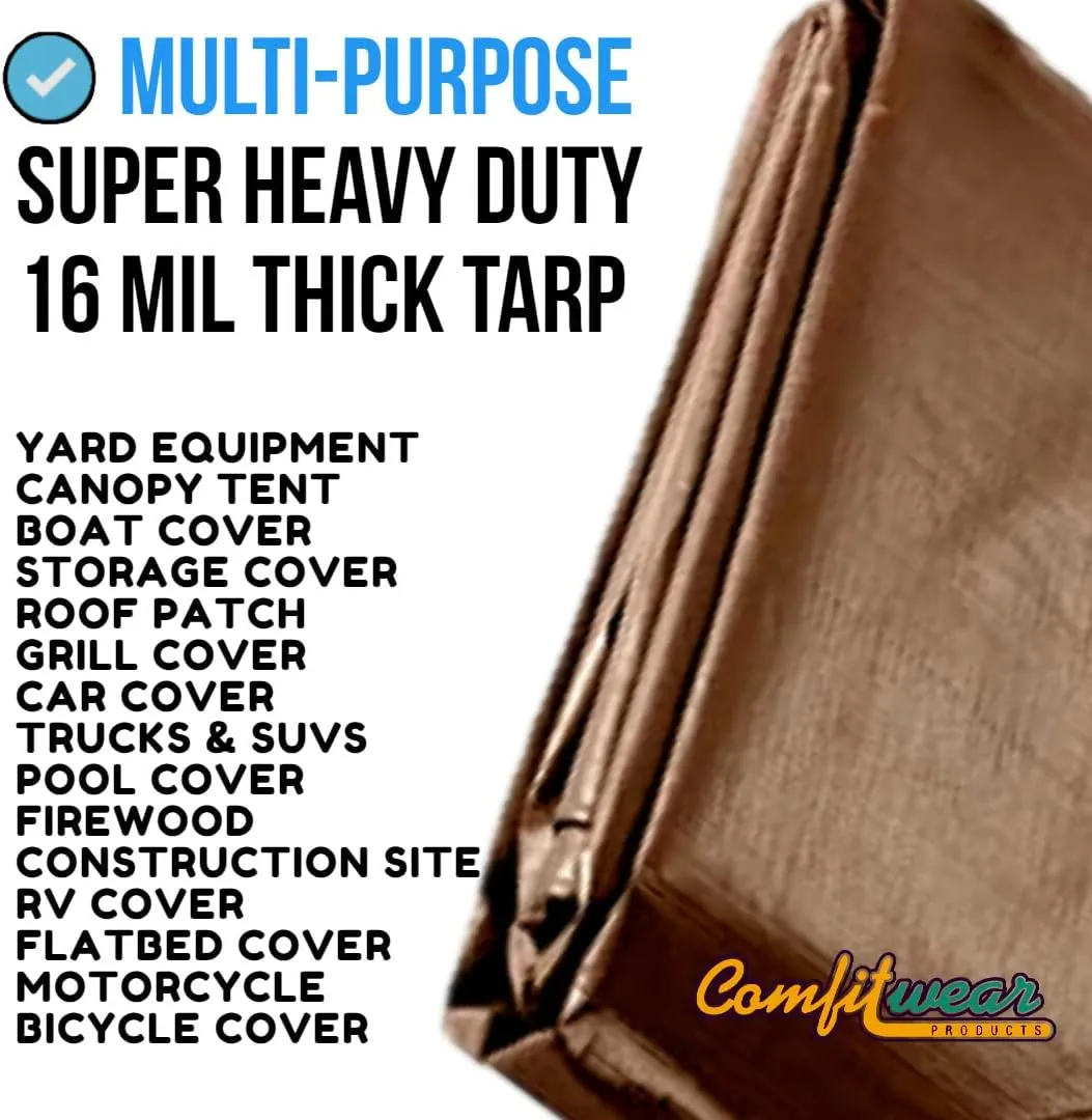 16 MIL Heavy Duty Tarp Super Heavy Duty Tarp Cover 16 MIL Multi-Purpose Extra Heavy Duty Tarps Car Tarp Boat Tarp Camping Tarp General Purpose Waterproof Tarp Cover (8' X 10', Brown)