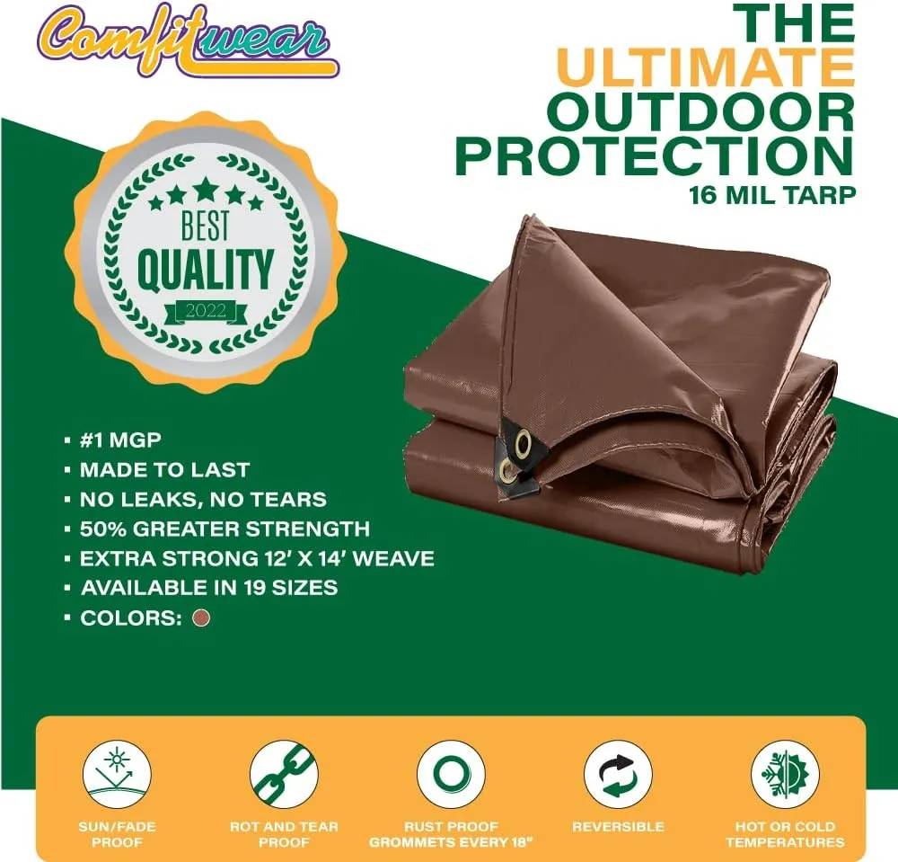 16 MIL Heavy Duty Tarp Super Heavy Duty Tarp Cover 16 MIL Multi-Purpose Extra Heavy Duty Tarps Car Tarp Boat Tarp Camping Tarp General Purpose Waterproof Tarp Cover (8' X 10', Brown)