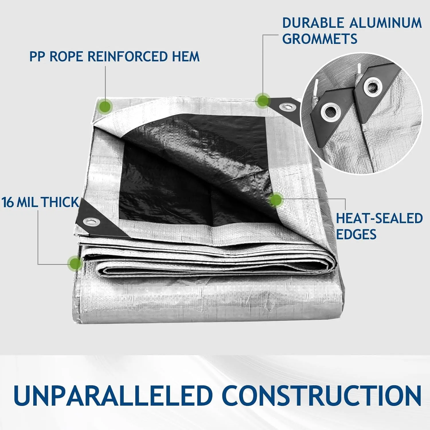 16 Mil Heavy Duty Waterproof Tarps, 8x10 Ft Finished Size Tarps, Premium Tarp with Metal Grommets & Reinforced Edge, Multipurpose Thick Tarp for Car, Boat, Roof, Camping - 2 Pack, Silver