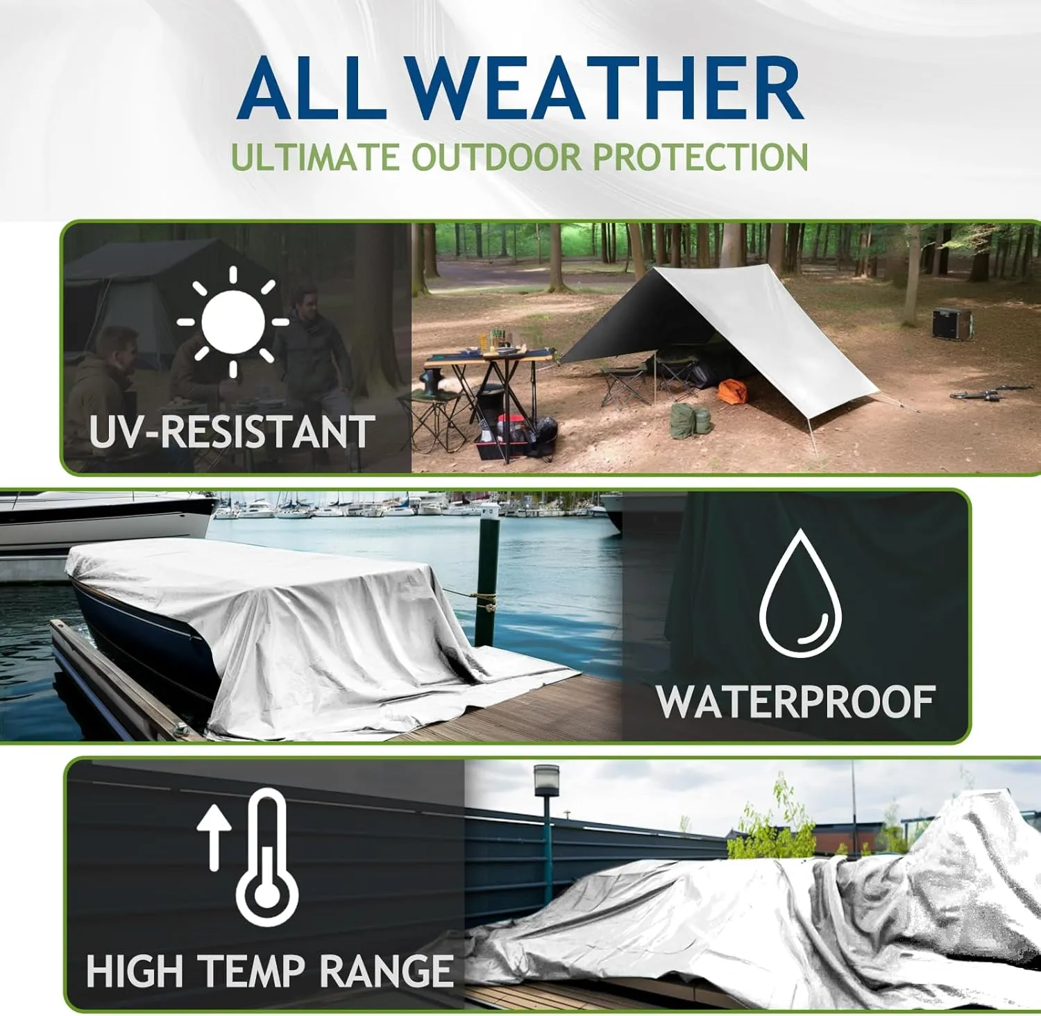 16 Mil Heavy Duty Waterproof Tarps, 8x10 Ft Finished Size Tarps, Premium Tarp with Metal Grommets & Reinforced Edge, Multipurpose Thick Tarp for Car, Boat, Roof, Camping - 2 Pack, Silver