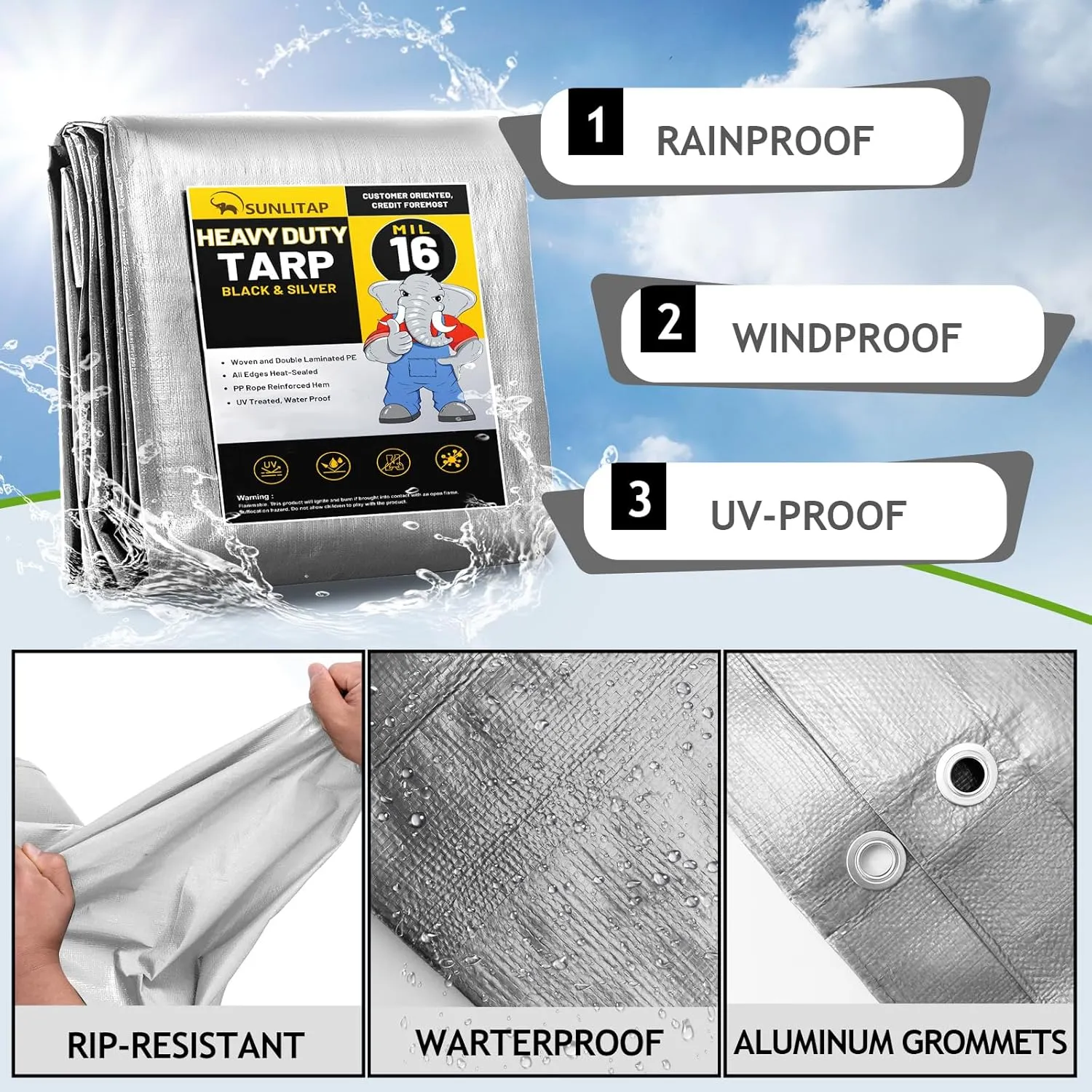 16 Mil Heavy Duty Waterproof Tarps, 8x10 Ft Finished Size Tarps, Premium Tarp with Metal Grommets & Reinforced Edge, Multipurpose Thick Tarp for Car, Boat, Roof, Camping - 2 Pack, Silver