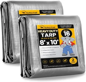 16 Mil Heavy Duty Waterproof Tarps, 8x10 Ft Finished Size Tarps, Premium Tarp with Metal Grommets & Reinforced Edge, Multipurpose Thick Tarp for Car, Boat, Roof, Camping - 2 Pack, Silver