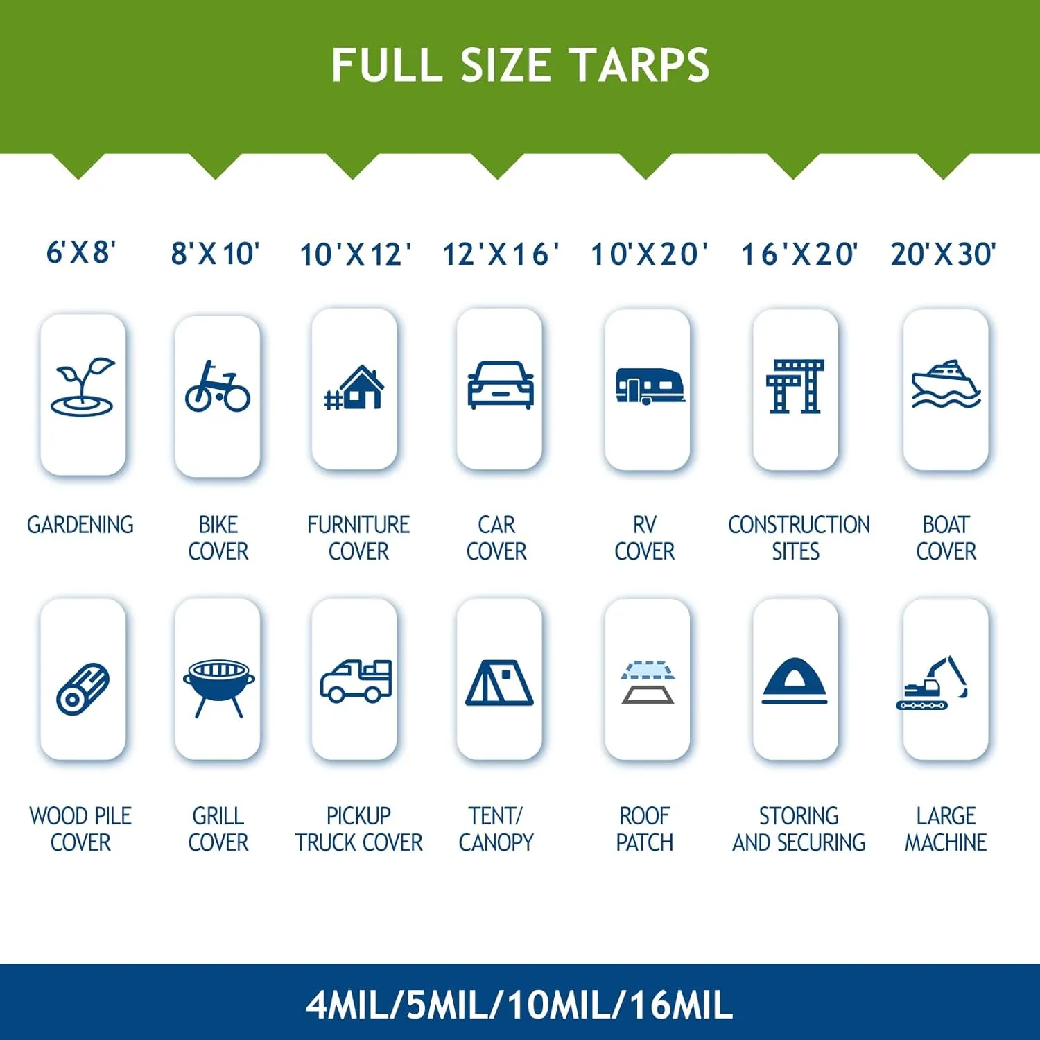 16 Mil Heavy Duty Waterproof Tarps, 8x10 Ft Finished Size Tarps, Premium Tarp with Metal Grommets & Reinforced Edge, Multipurpose Thick Tarp for Car, Boat, Roof, Camping - 2 Pack, Silver