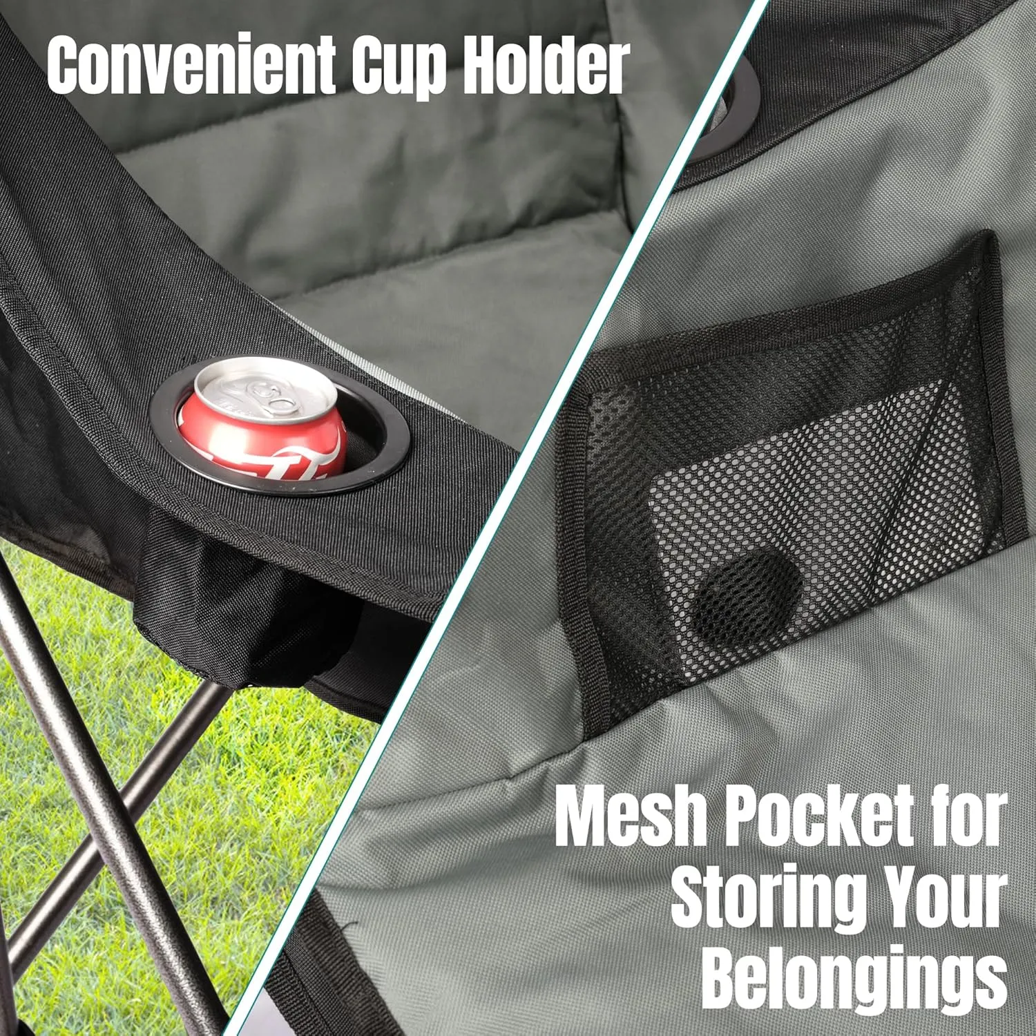 2 Pack Big Heavy Duty Camping Chairs with Cooler Bags, XL Fully Padded Folding Portable Camping Chairs for Adults, Oversized Outdoor Patio Lawn Chair with Arm Cup Holder Supports 450lbs