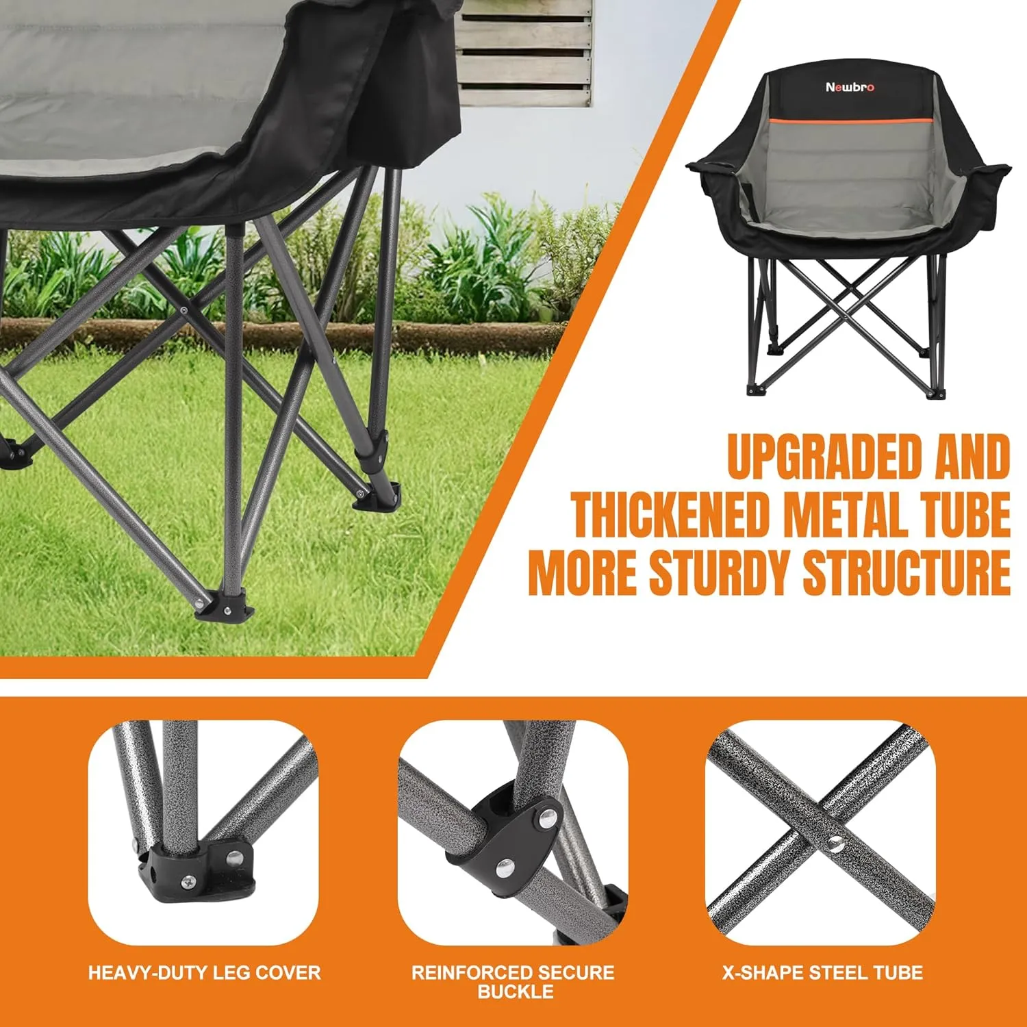 2 Pack Big Heavy Duty Camping Chairs with Cooler Bags, XL Fully Padded Folding Portable Camping Chairs for Adults, Oversized Outdoor Patio Lawn Chair with Arm Cup Holder Supports 450lbs