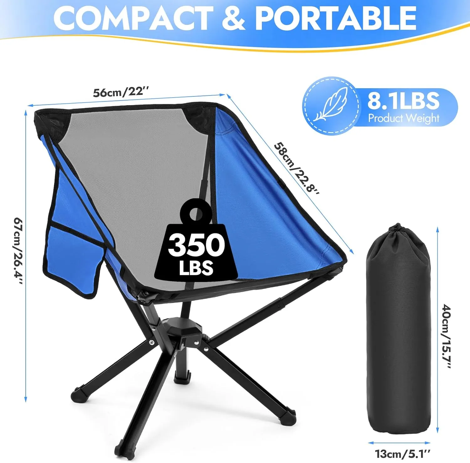 2 Pack Portable Chairs, Camping Chairs Supports 350 LBS ，Lightweight Folding Chair - Backpacking Chair for Outdoor Camping, Beach, Fishing, Picnic, Lawn, Concert, Hiking, Blue