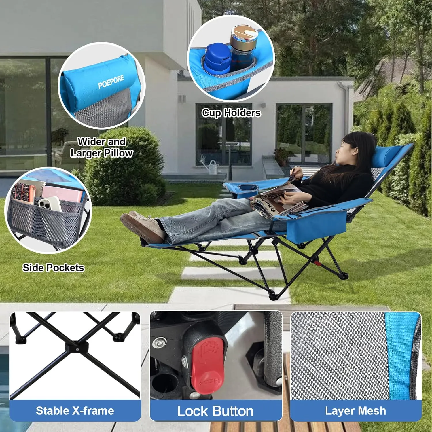 2-Pack Reclining Camping Chair 4 Position with Foot Rest Comfortable for Adults 265Ibs Folding Lounger Mesh Beach Chair with Cooler Bag and Cup Holder for Outdoor Patio