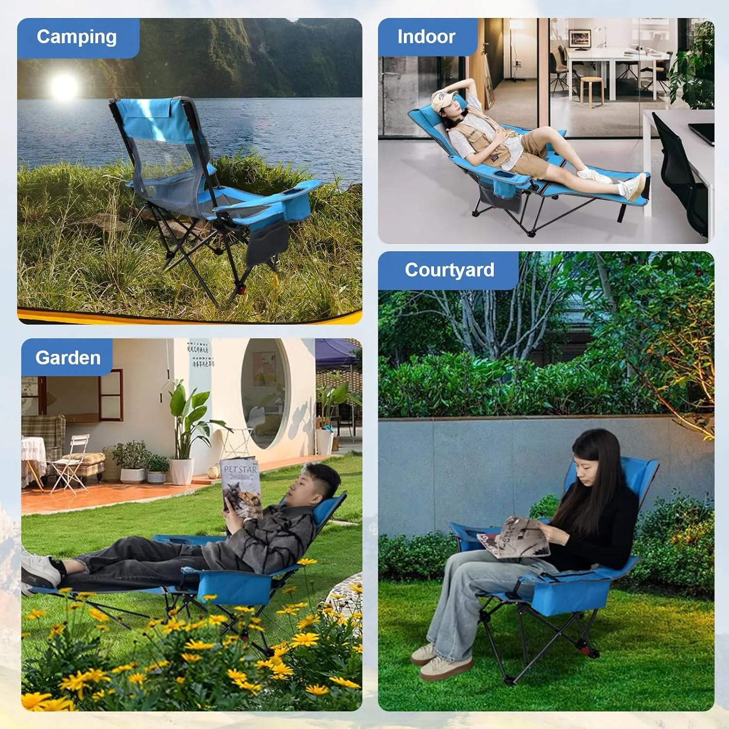2-Pack Reclining Camping Chair 4 Position with Foot Rest Comfortable for Adults 265Ibs Folding Lounger Mesh Beach Chair with Cooler Bag and Cup Holder for Outdoor Patio