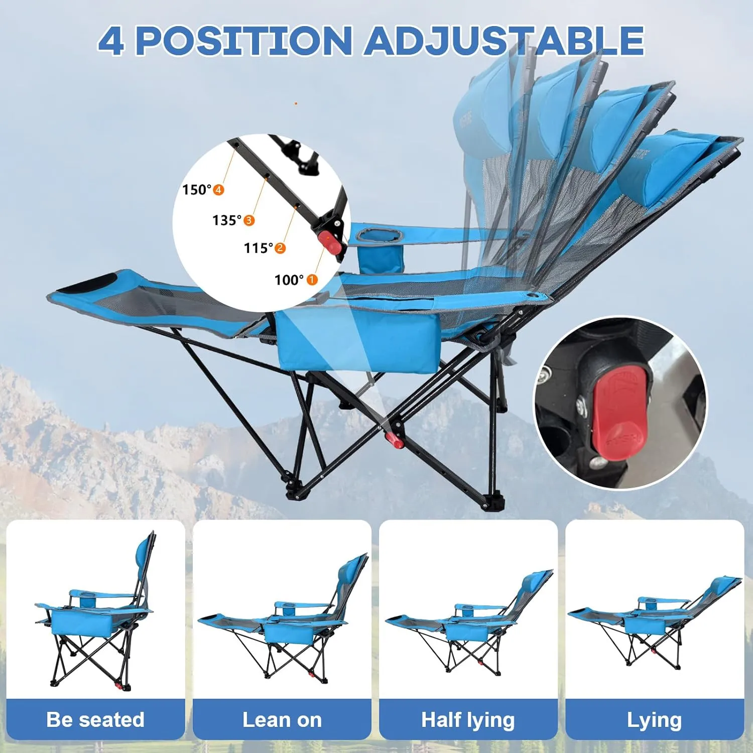 2-Pack Reclining Camping Chair 4 Position with Foot Rest Comfortable for Adults 265Ibs Folding Lounger Mesh Beach Chair with Cooler Bag and Cup Holder for Outdoor Patio