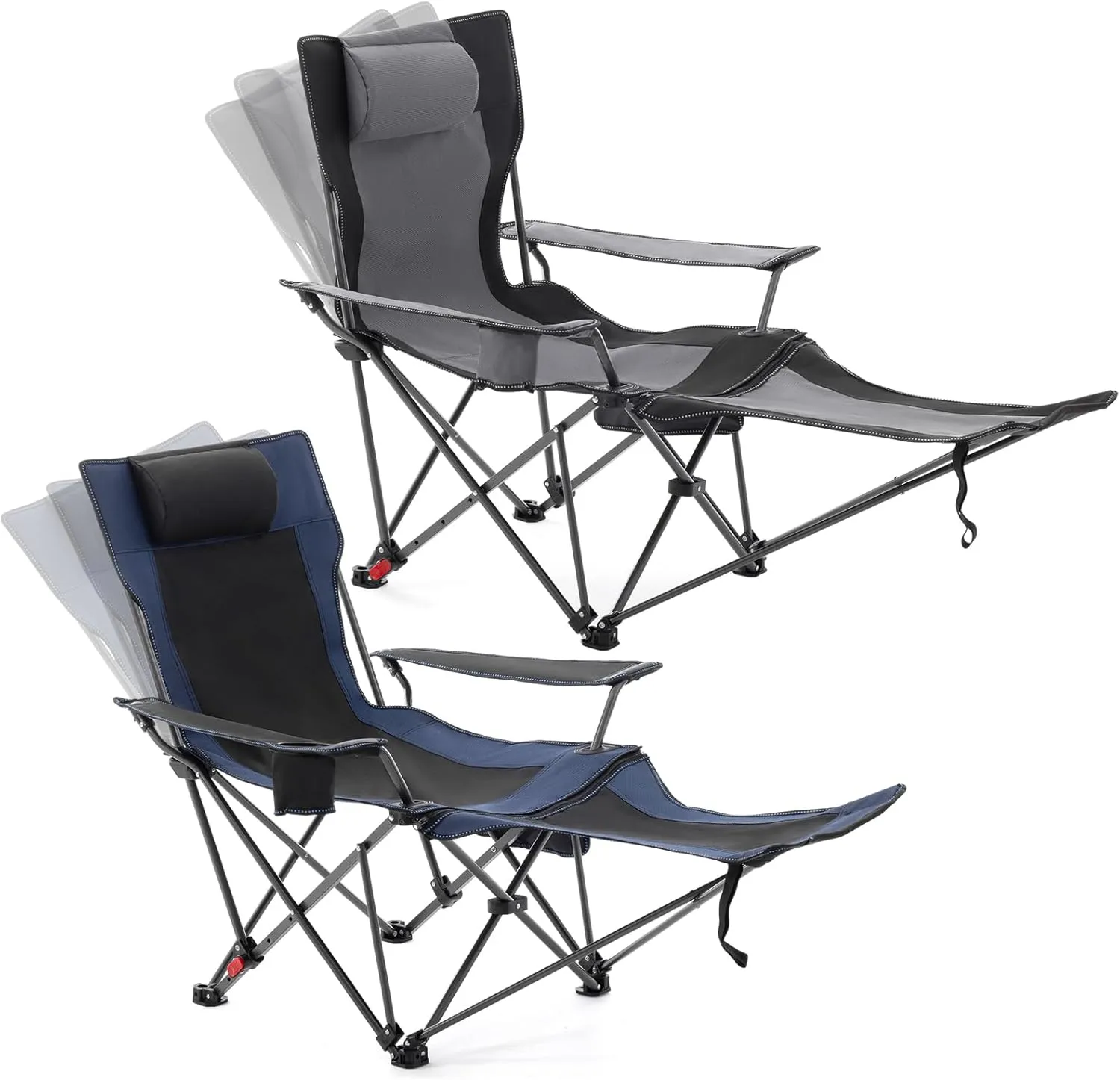 2 Pc Reclining Camping Chair with Foot Rest, Folding Lounge Chair for Adults,Outdoor Chair Support 300 lbs with Adjustable Backrest &Cup Holder Portable Recliner Beach Chair for Lawn Outside