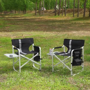 2-Piece Padded Folding Outdoor Chair with Side Table and Storage Pockets,Lightweight Oversized Directors Chair for Indoor, Outdoor Camping, Picnics and Fishing,Black/Grey