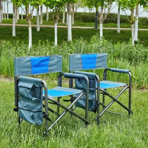 2-Piece Padded Folding Outdoor Chair with Storage Pockets, Lightweight Oversized Directors Chair for Camping and Fishing, Blue/Grey