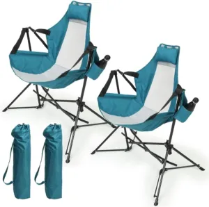 2 Pieces Hammock Camping Chair, Folding Portable Rocking Chair, Aluminum Alloy Adjustable Backrest, with Pillow Cup Holder, with Carrying Bag, Suitable for Outdoor Travel Lawn Backyard, Blue