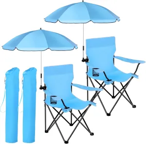 2 Set Beach Chair with Umbrella Folding Camping Chair for Adult Adjustable Shade Umbrella with Carry Bag for Lawn Beach Camping Travel Outdoor Pool, Light Blue