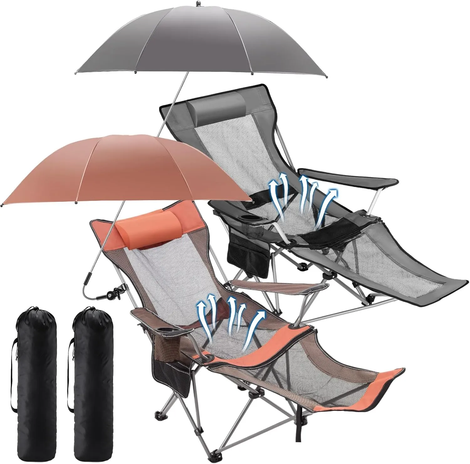 2 Set Reclining Beach Chair and Umbrella for Adults, Outdoor Camping Foldable Sand Chairs with Umbrella, SPF 50 , High Back, with Foot Rest, Cup Holder and Mesh Bag
