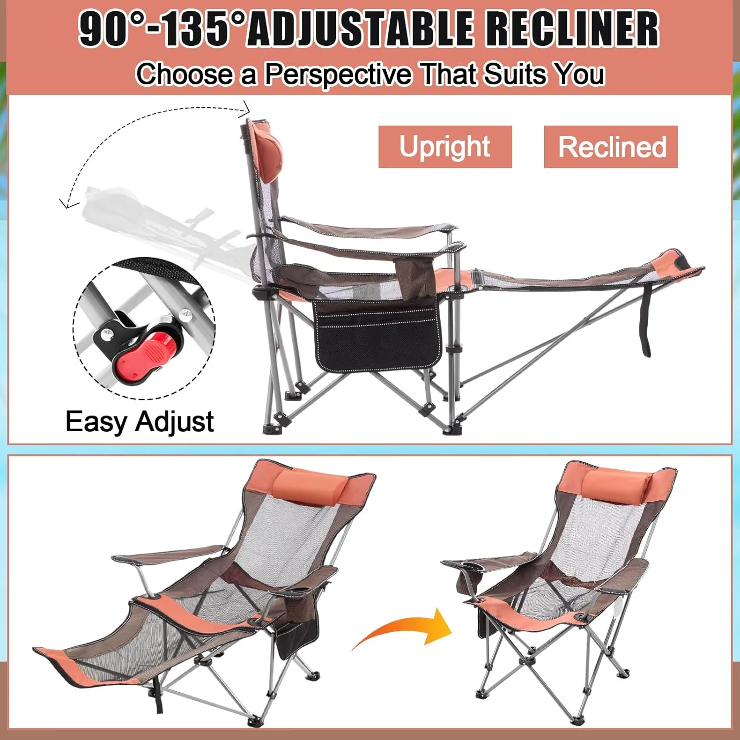 2 Set Reclining Beach Chair and Umbrella for Adults, Outdoor Camping Foldable Sand Chairs with Umbrella, SPF 50 , High Back, with Foot Rest, Cup Holder and Mesh Bag