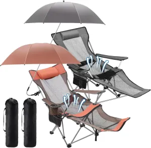 2 Set Reclining Beach Chair and Umbrella for Adults, Outdoor Camping Foldable Sand Chairs with Umbrella, SPF 50 , High Back, with Foot Rest, Cup Holder and Mesh Bag